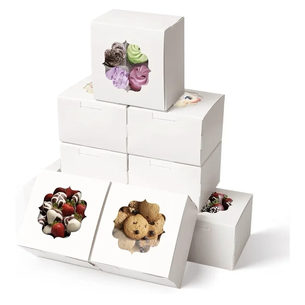White Bakery Boxes with Window 12 Pc 6x6x3 Inches Cookie Boxes Mini Cake Boxe...